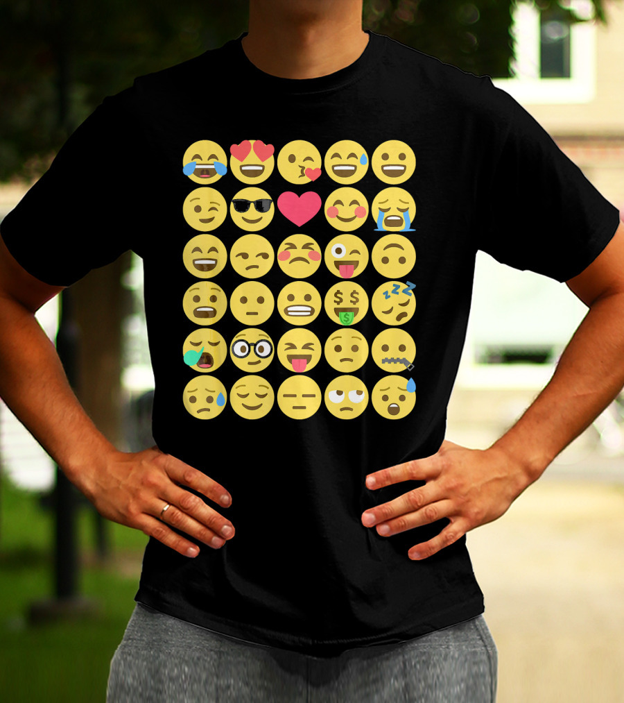 Emoji Emoticons Smiley Faces Heart Sunglasses Laughing Crying Stack T-Shirt