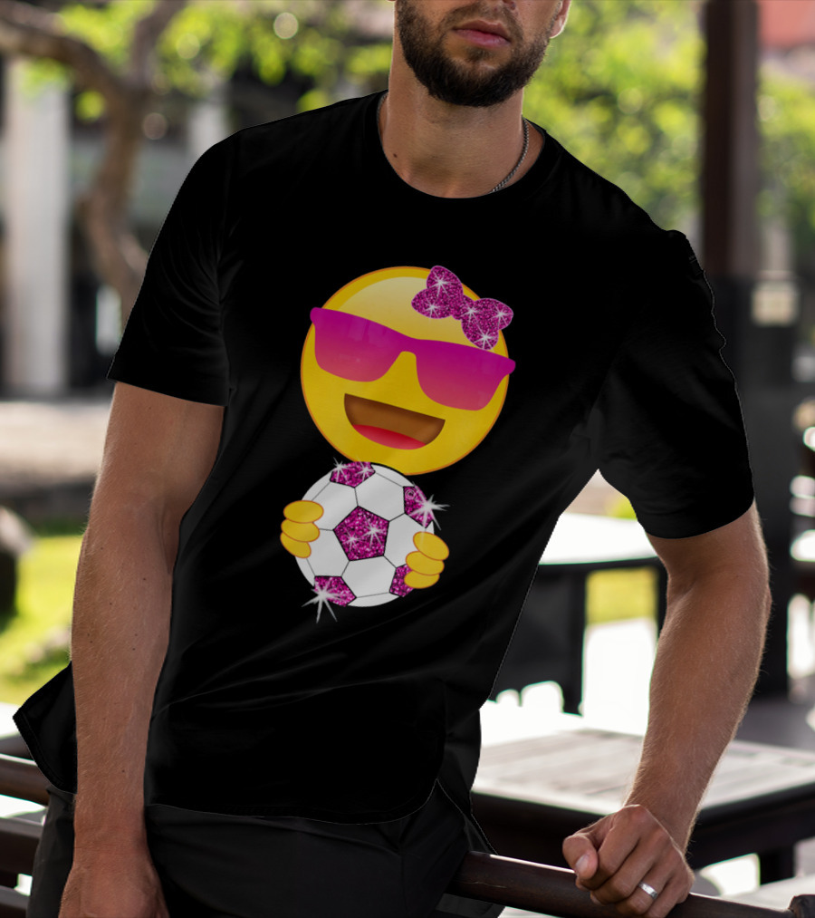 Cute Emoji With Sunglasses Holding A Sparkling Soccer Ball And Glitter Bow T-Shirt