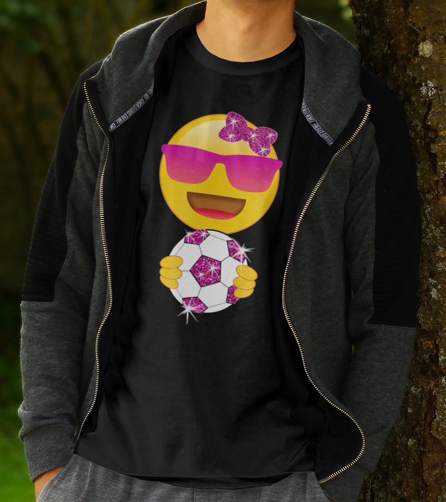 Cute Emoji With Sunglasses Holding A Sparkling Soccer Ball And Glitter Bow T-Shirt