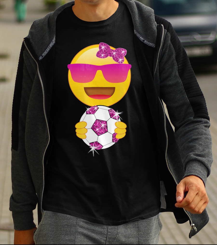 Cute Emoji With Sunglasses Holding A Sparkling Soccer Ball And Glitter Bow T-Shirt