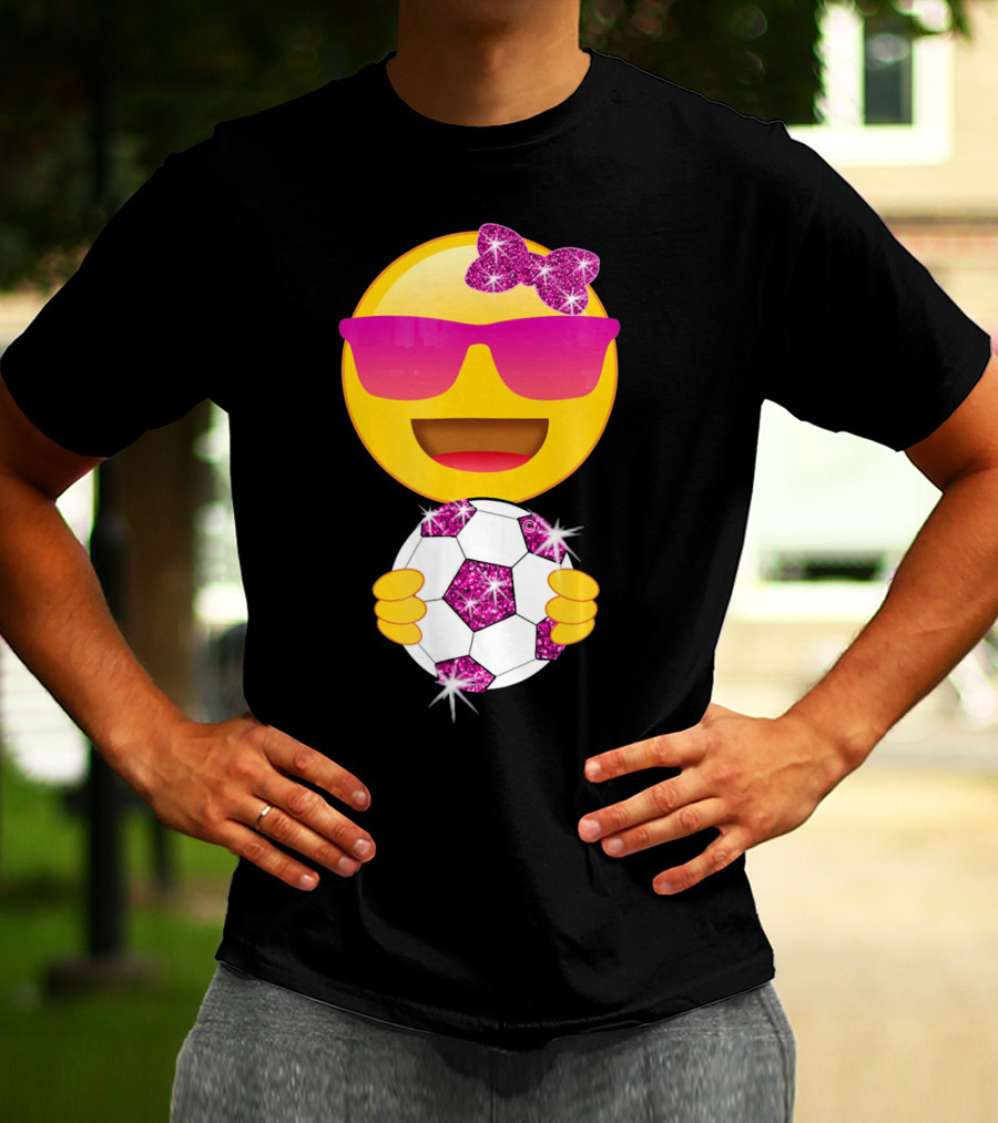 Cute Emoji With Sunglasses Holding A Sparkling Soccer Ball And Glitter Bow T-Shirt