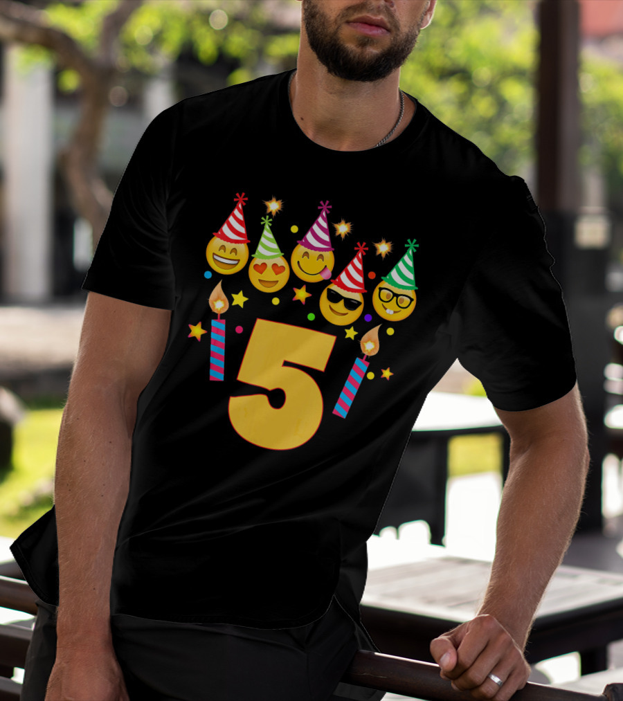 Five Year Old Birthday With Party Emoji Faces And Candles T-Shirt