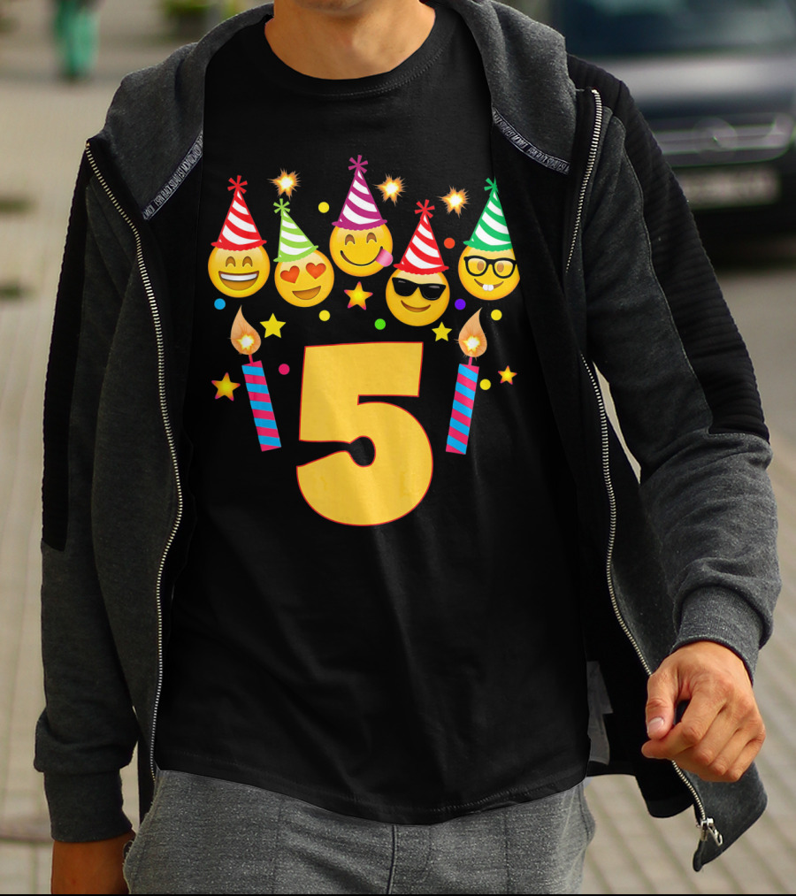 Five Year Old Birthday With Party Emoji Faces And Candles T-Shirt