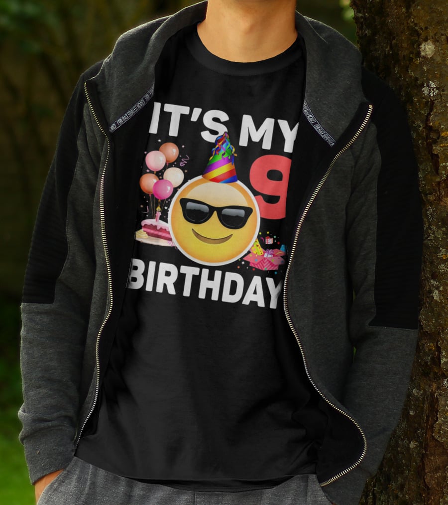 Its My 9 Birthday Emoji Party Hat Sunglasses Cake Balloons T-Shirt
