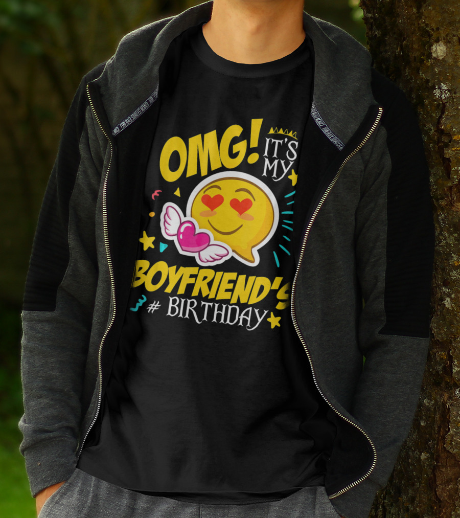 OMG It's My Boyfriend's Birthday Cool Emo Emoji Hearts Wings T-Shirt