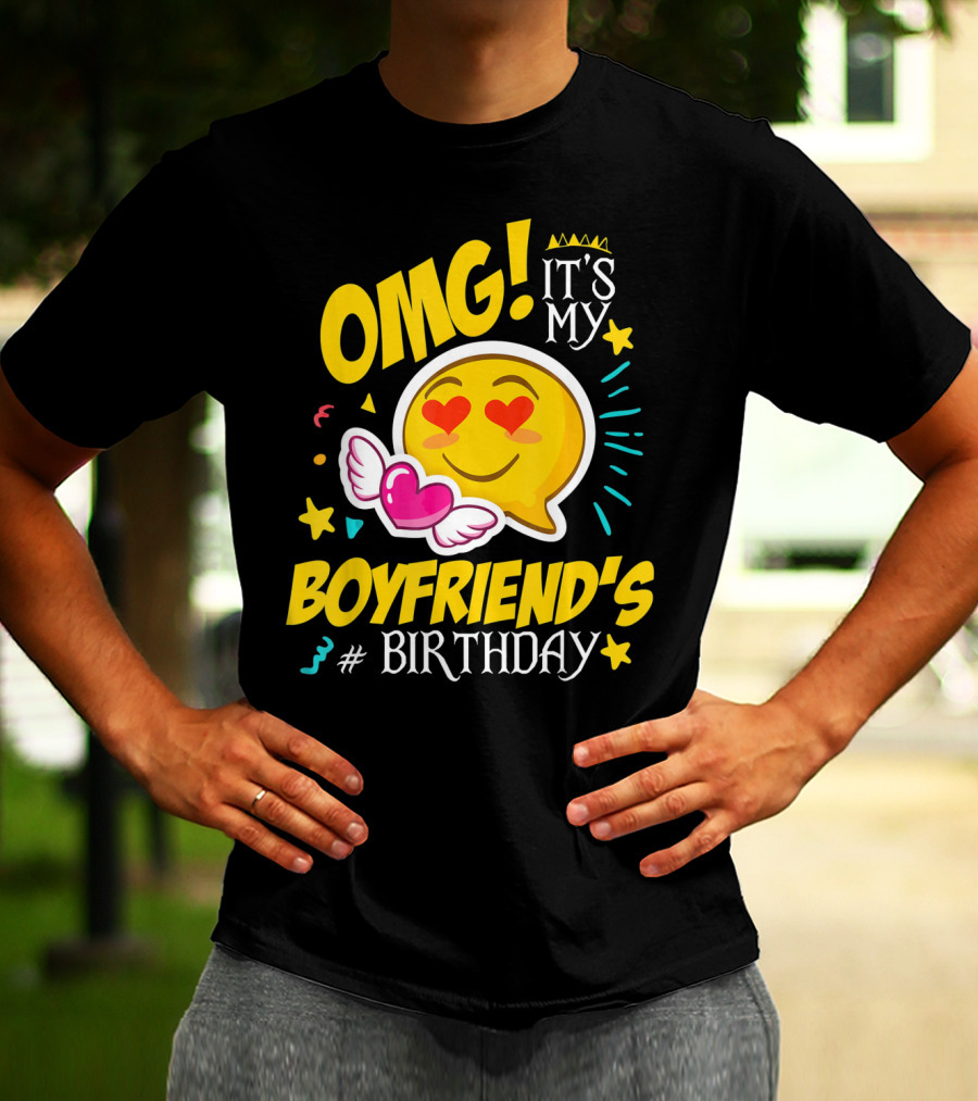 OMG It's My Boyfriend's Birthday Cool Emo Emoji Hearts Wings T-Shirt