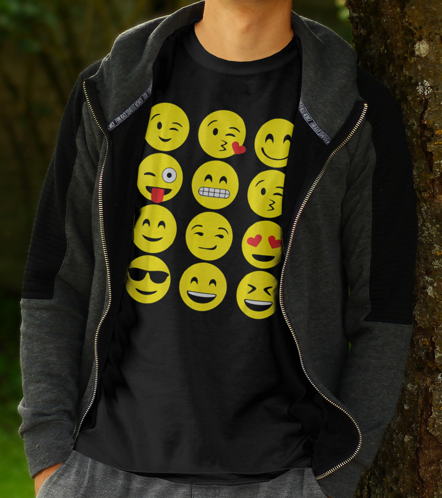 Emojis Funny Emoji Yellow Face Winking Smiling Heart Eyes Sunglasses Expression T-Shirt