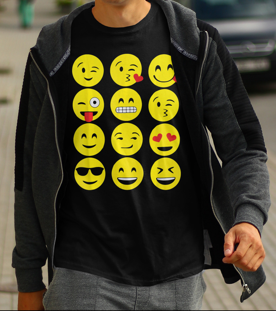 Emojis Funny Emoji Yellow Face Winking Smiling Heart Eyes Sunglasses Expression T-Shirt