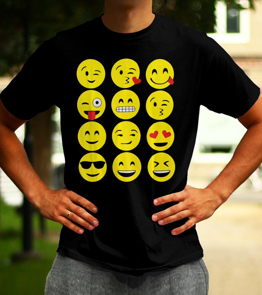 Emojis Funny Emoji Yellow Face Winking Smiling Heart Eyes Sunglasses Expression T-Shirt