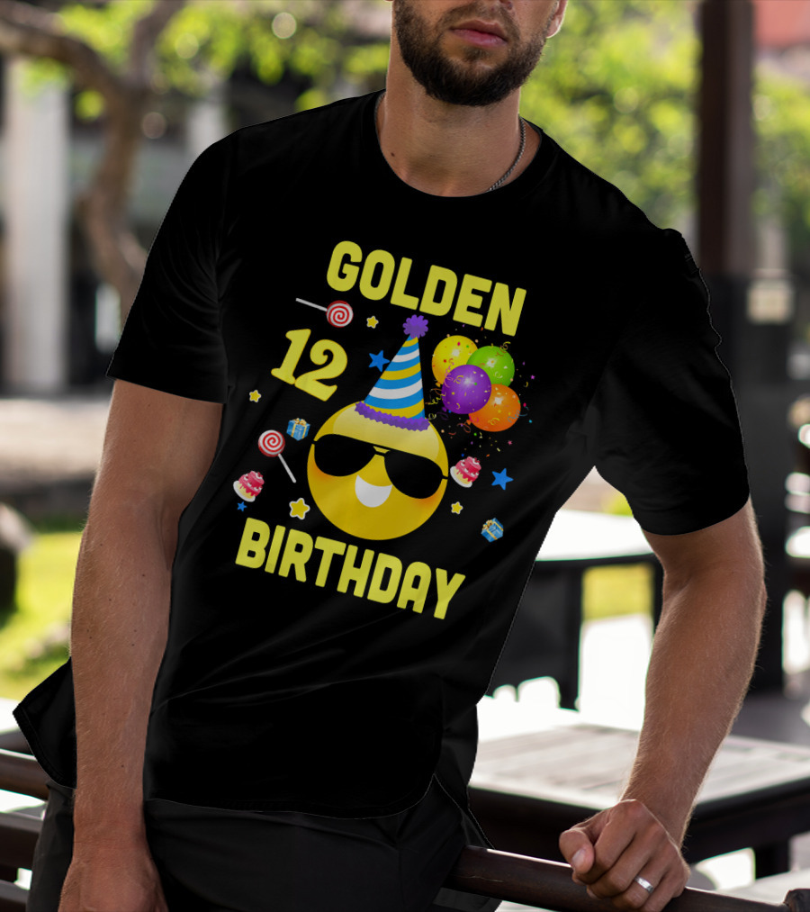 Golden Birthday 12 Emoji Party Hat Sunglasses Balloons Confetti T-Shirt