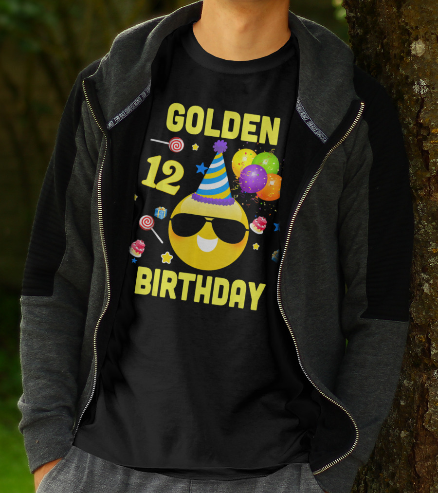 Golden Birthday 12 Emoji Party Hat Sunglasses Balloons Confetti T-Shirt