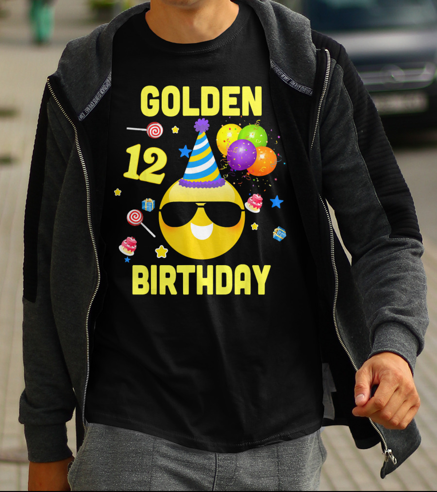 Golden Birthday 12 Emoji Party Hat Sunglasses Balloons Confetti T-Shirt