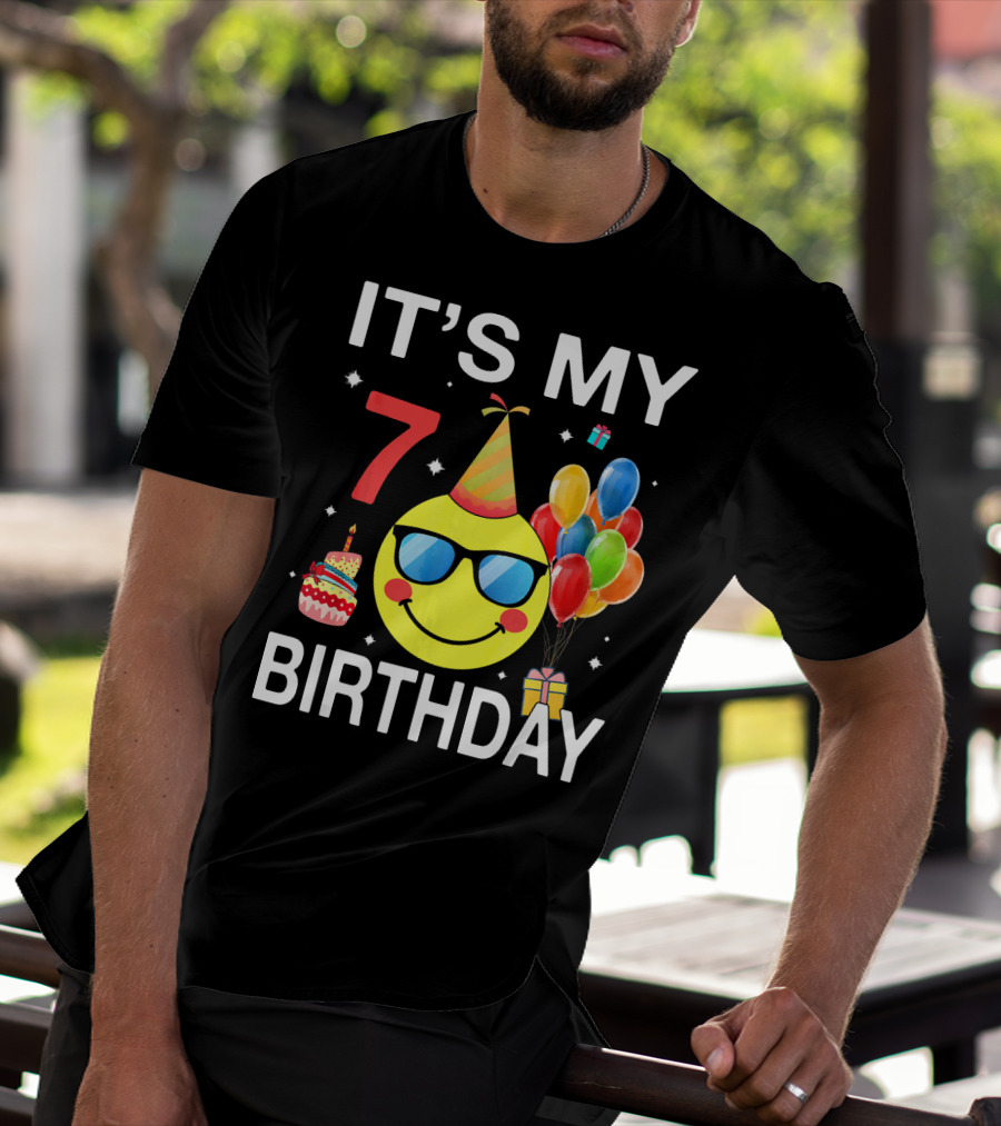 IT'S MY 7 BIRTHDAY Emoji Party Hat Sunglasses Balloons Cake T-Shirt