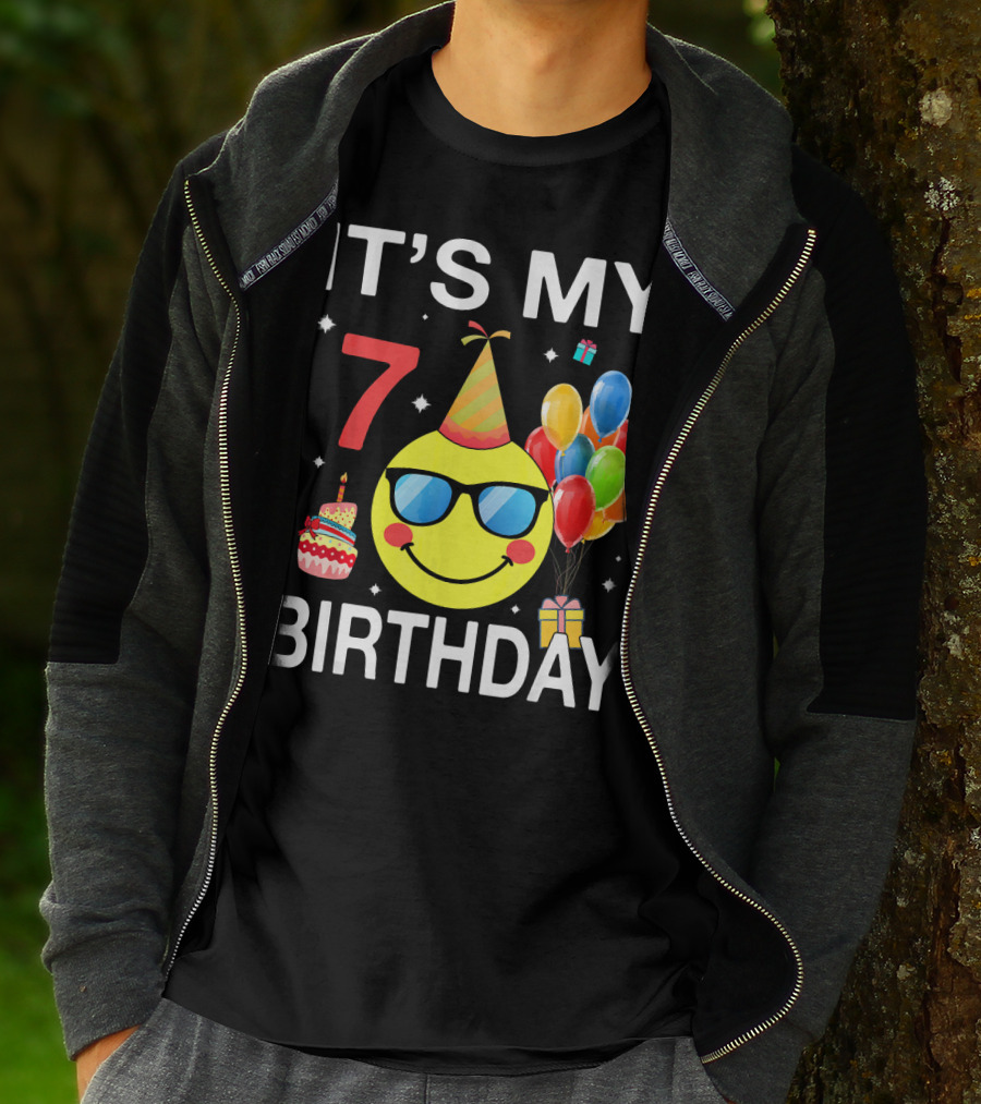 IT'S MY 7 BIRTHDAY Emoji Party Hat Sunglasses Balloons Cake T-Shirt