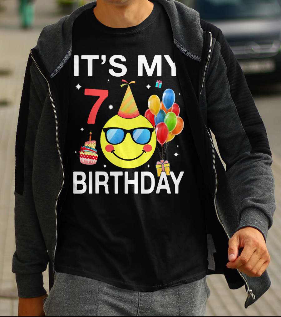 IT'S MY 7 BIRTHDAY Emoji Party Hat Sunglasses Balloons Cake T-Shirt