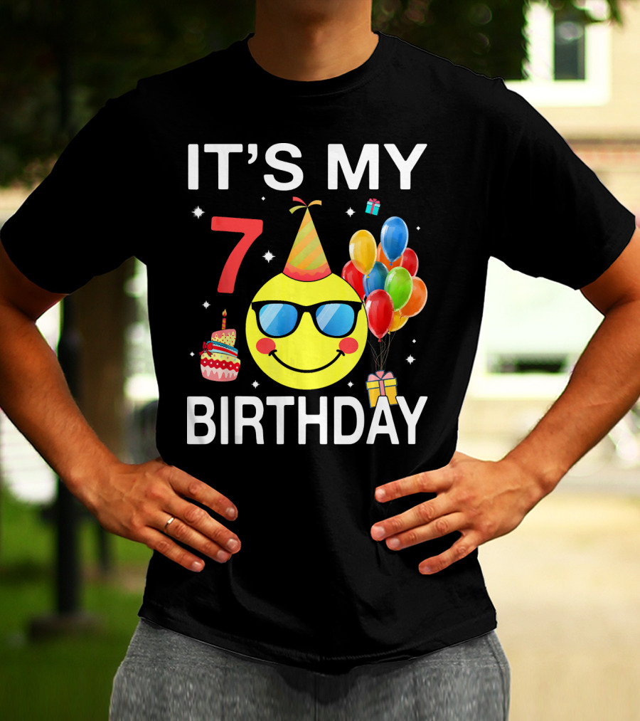 IT'S MY 7 BIRTHDAY Emoji Party Hat Sunglasses Balloons Cake T-Shirt
