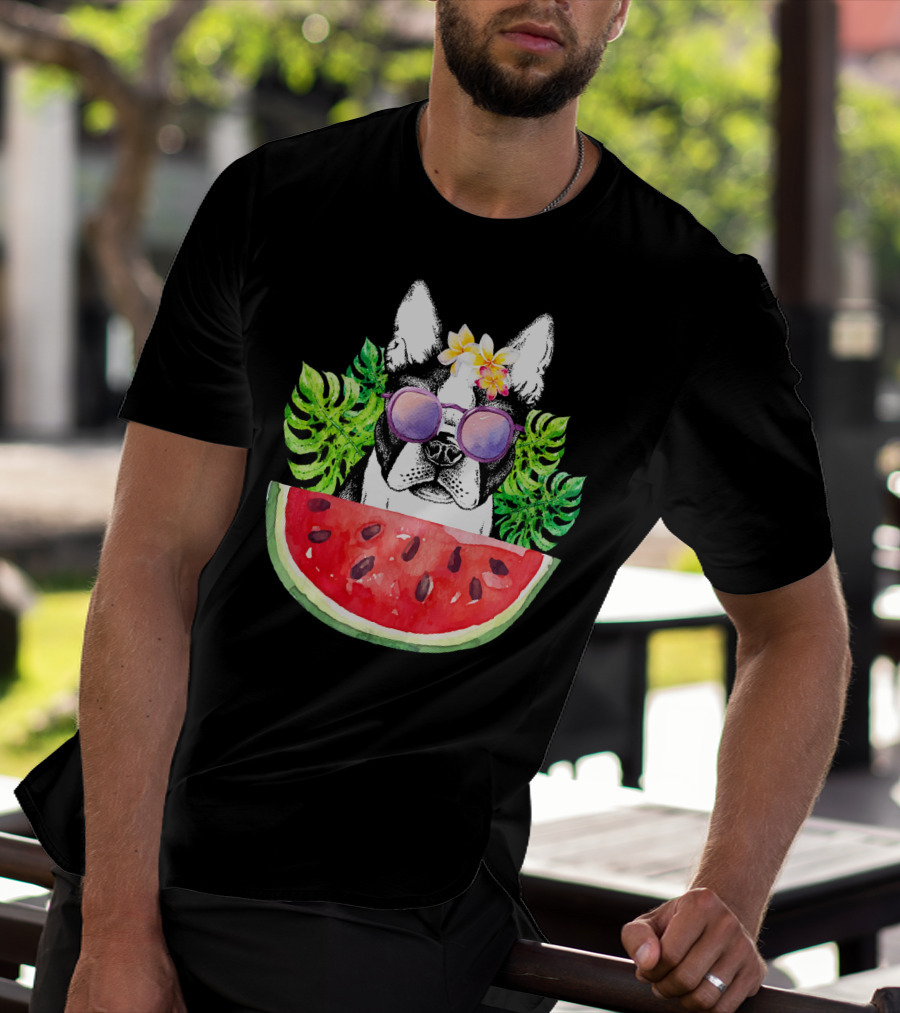 Funny Boston Terrier Love Summer Watermelon Sunglasses Tropical Vibes T-Shirt