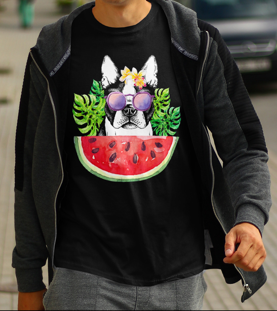 Funny Boston Terrier Love Summer Watermelon Sunglasses Tropical Vibes T-Shirt