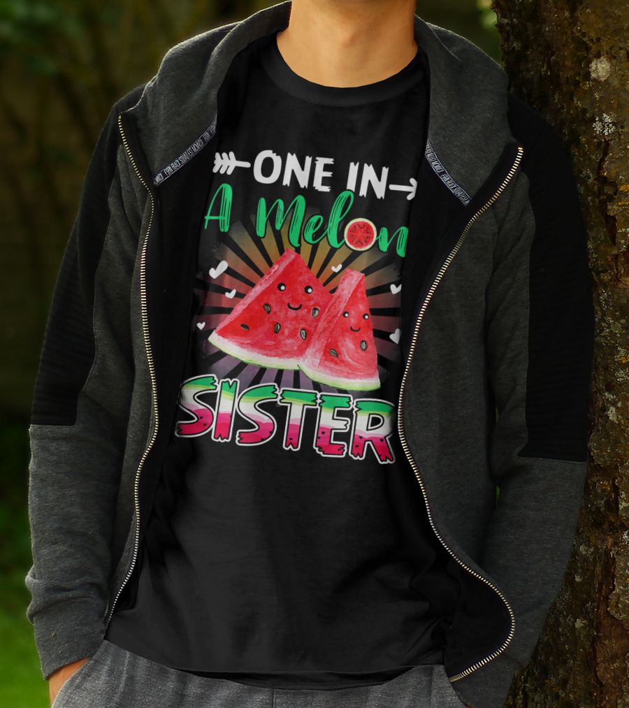 One In A Melon Sister Funny Watermelon With Smiling Slices And Hearts T-Shirt