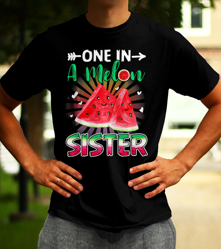 One In A Melon Sister Funny Watermelon With Smiling Slices And Hearts T-Shirt