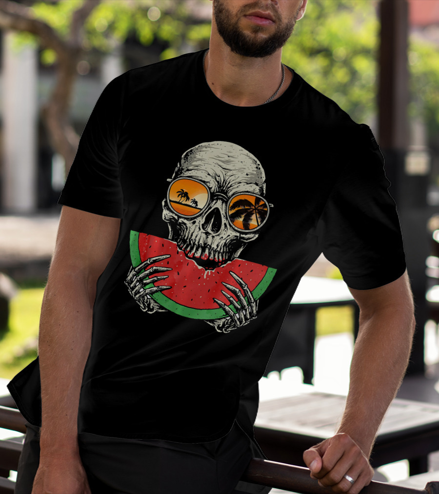 Watermelon Skull Wearing Summer Glasses With Beach Reflections T-Shirt