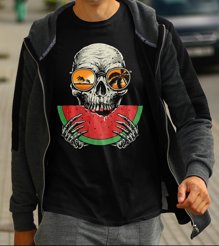 Watermelon Skull Wearing Summer Glasses With Beach Reflections T-Shirt