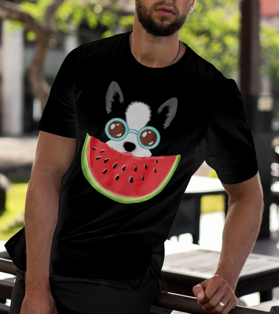 Watermelon Love Funny Boston Terrier With Sunglasses T-Shirt