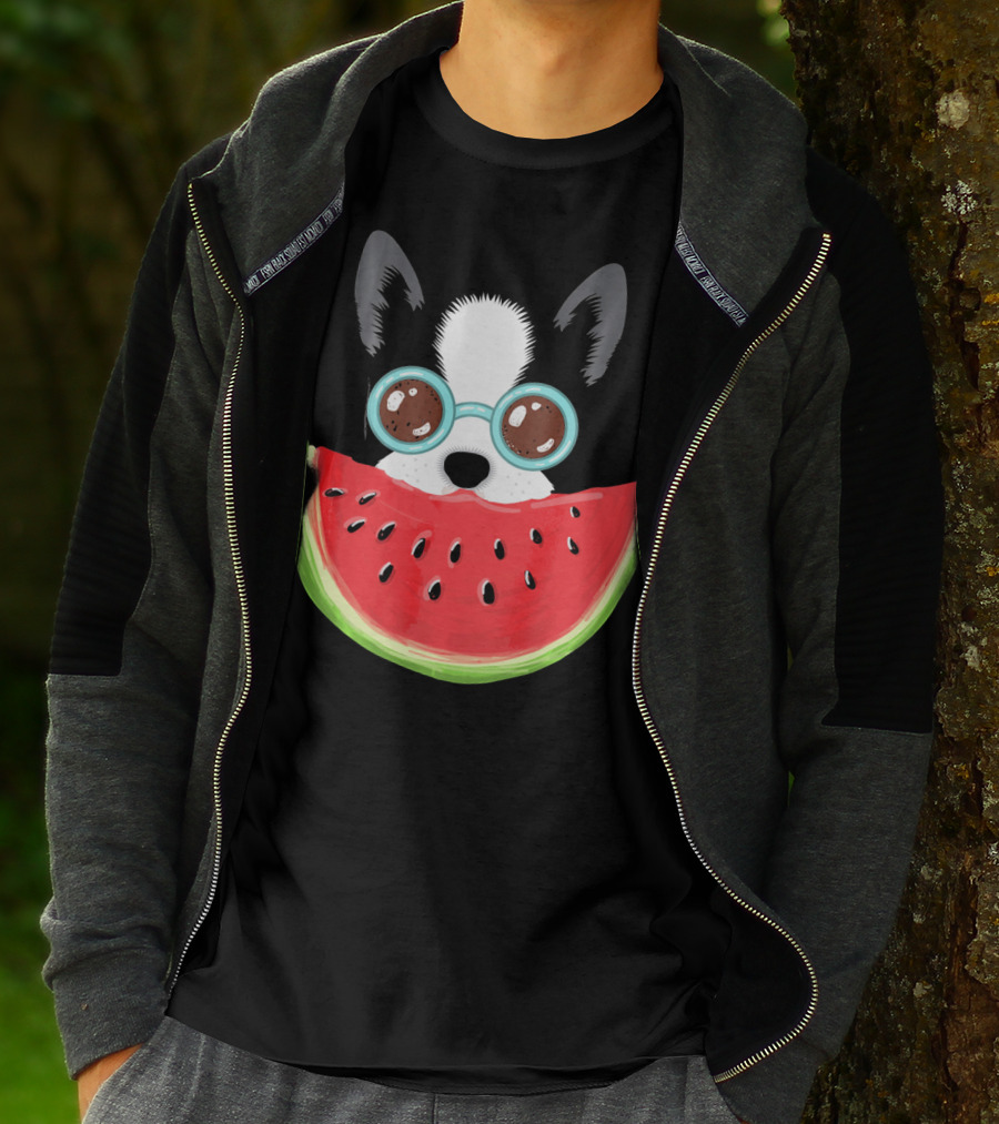 Watermelon Love Funny Boston Terrier With Sunglasses T-Shirt