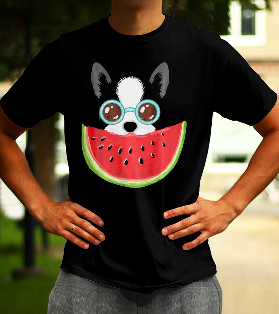 Watermelon Love Funny Boston Terrier With Sunglasses T-Shirt
