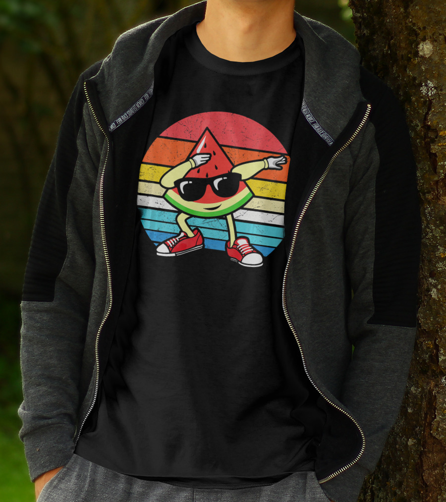Dabbing Watermelon Vintage Summer Retro Sunset Stripes T-Shirt