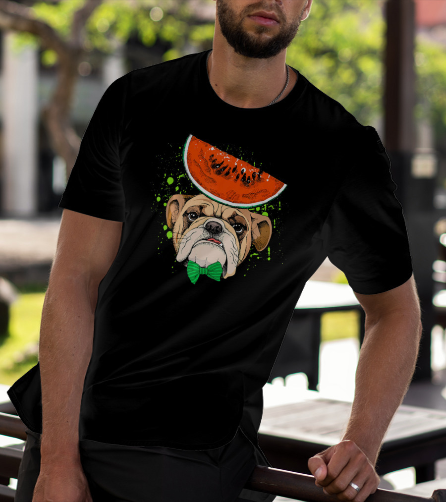 Bulldog Wearing Watermelon Hat With Green Bow Tie T-Shirt