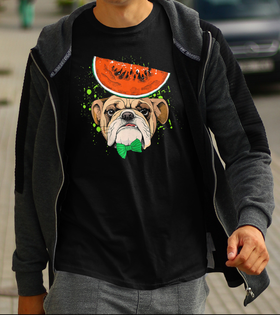 Bulldog Wearing Watermelon Hat With Green Bow Tie T-Shirt
