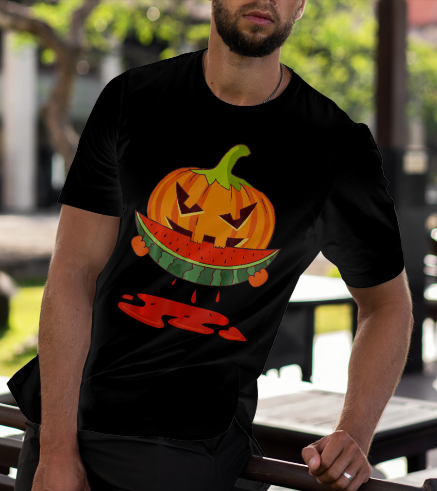 Creepy Pumpkin Devours Juicy Watermelon In Spooky T-Shirt
