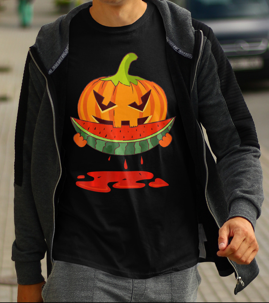 Creepy Pumpkin Devours Juicy Watermelon In Spooky T-Shirt