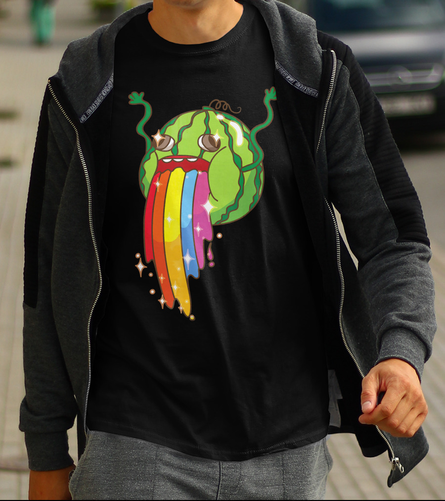 Comic Watermelon Vomits Sparkling Rainbow Streams T-Shirt