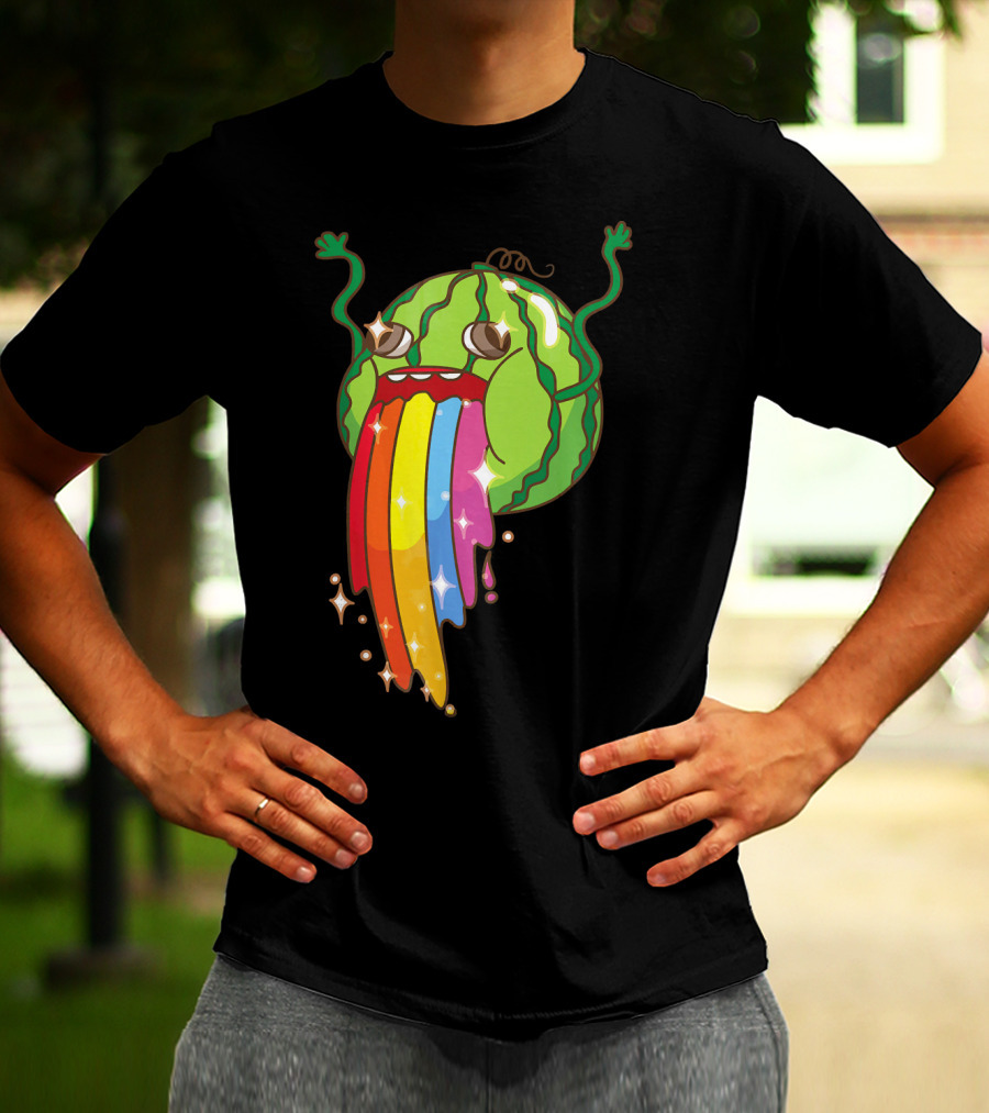 Comic Watermelon Vomits Sparkling Rainbow Streams T-Shirt