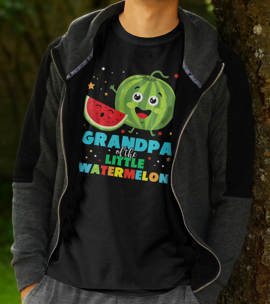 Grandpa Of The Little Watermelon With Happy Cartoon Fruit And Colorful Stars T-Shirt