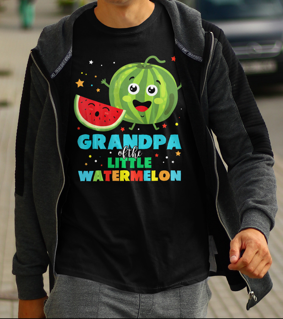 Grandpa Of The Little Watermelon With Happy Cartoon Fruit And Colorful Stars T-Shirt
