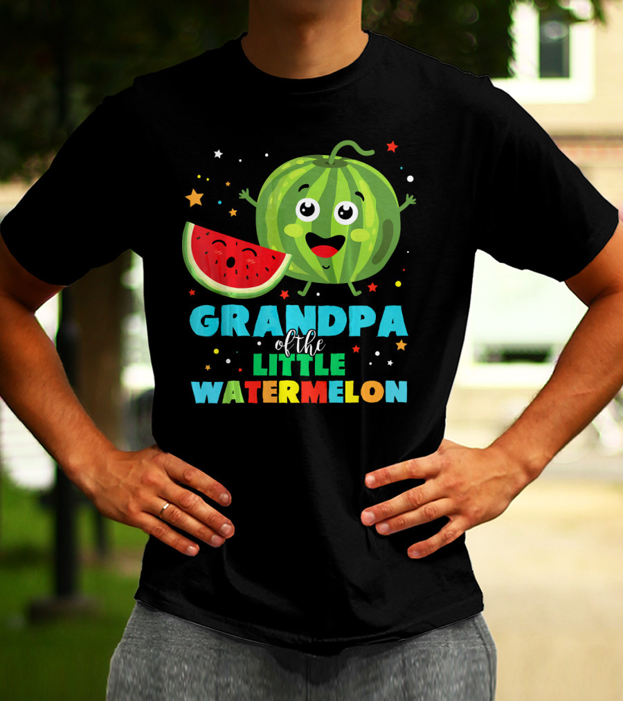 Grandpa Of The Little Watermelon With Happy Cartoon Fruit And Colorful Stars T-Shirt