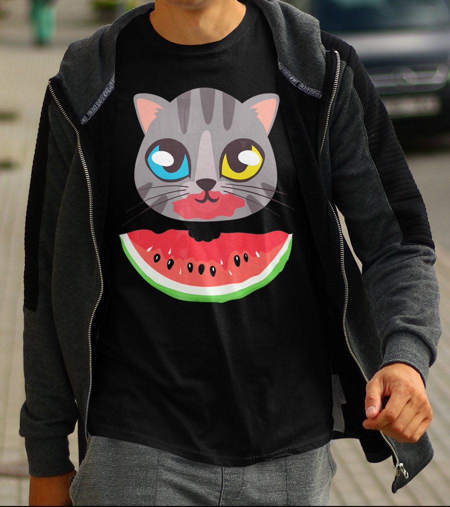 Watermelon Cat Funny Cat With Dual-Colored Eyes And Watermelon Slice T-Shirt