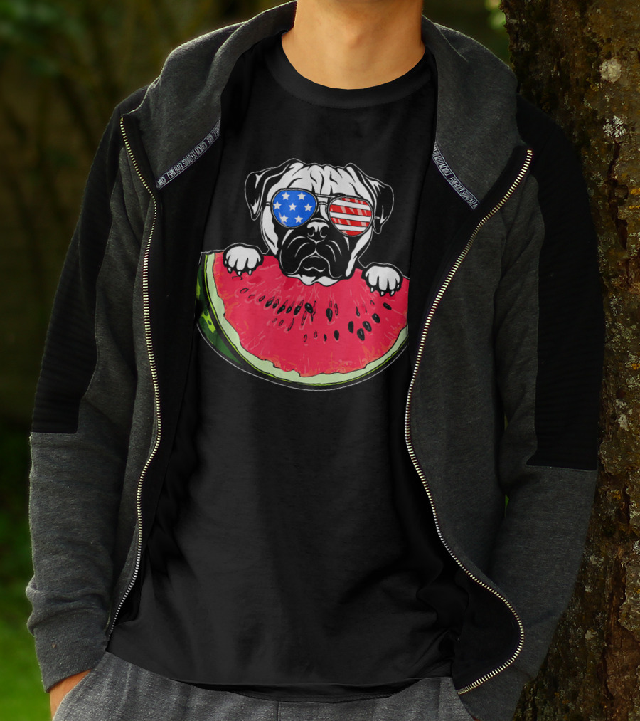 Funny Watermelon Day Pug American Flag Glasses T-Shirt
