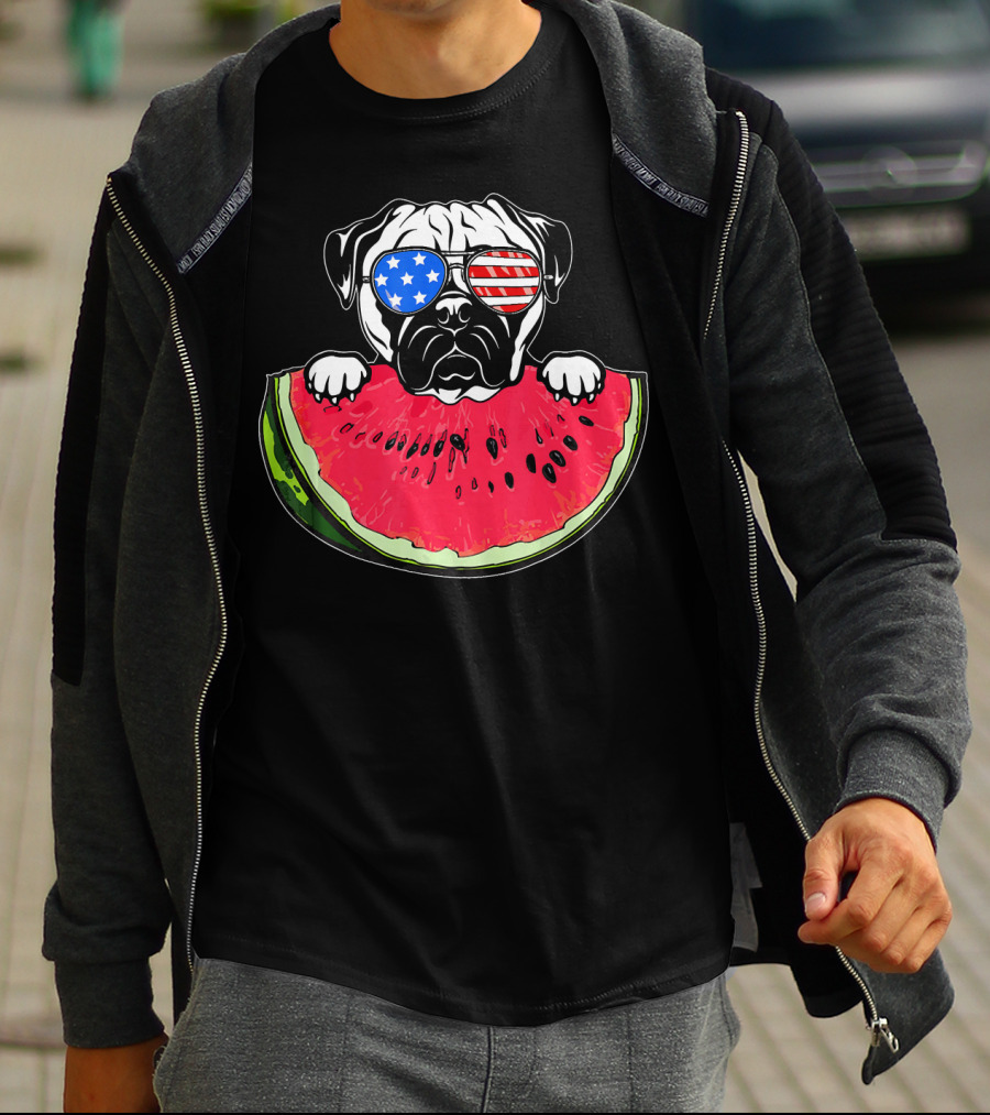 Funny Watermelon Day Pug American Flag Glasses T-Shirt