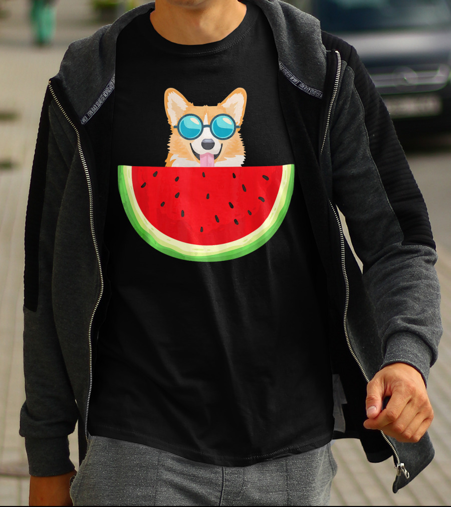 Corgi With Sunglasses And Watermelon Slice Womens T-Shirt