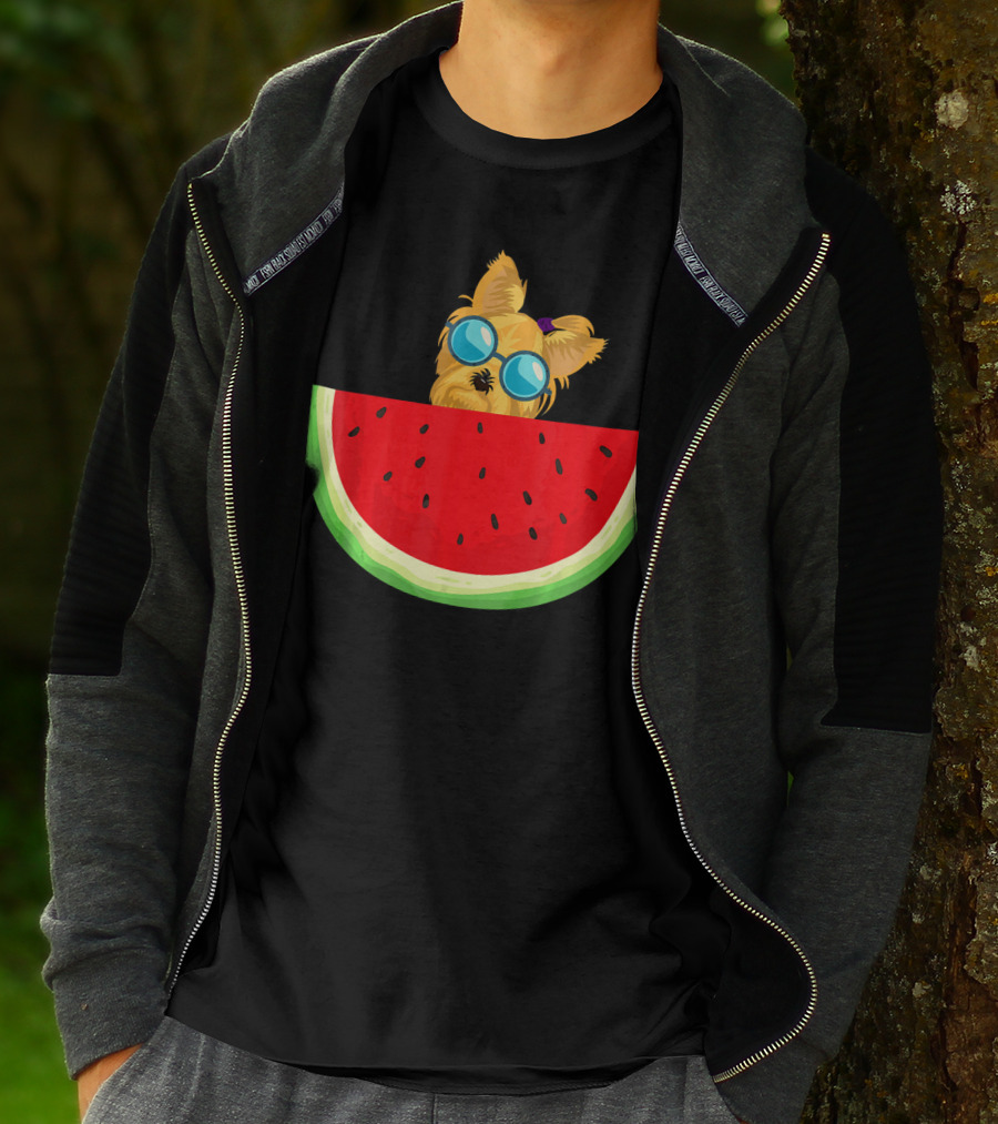 Yorkie Dog With Sunglasses And Watermelon Slice T-Shirt
