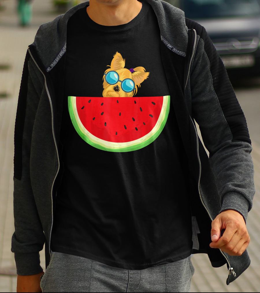 Yorkie Dog With Sunglasses And Watermelon Slice T-Shirt
