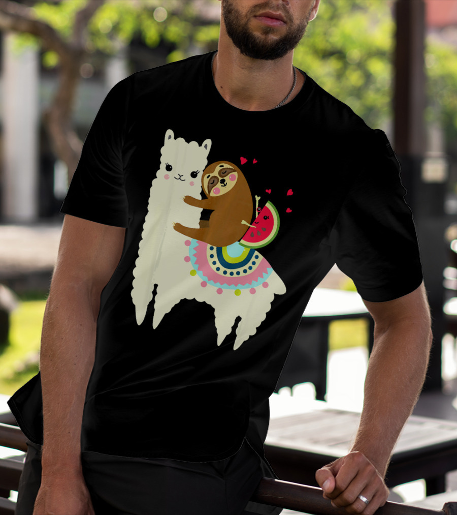 Sloth Hugging Watermelon With Hearts On Colorful Llama T-Shirt