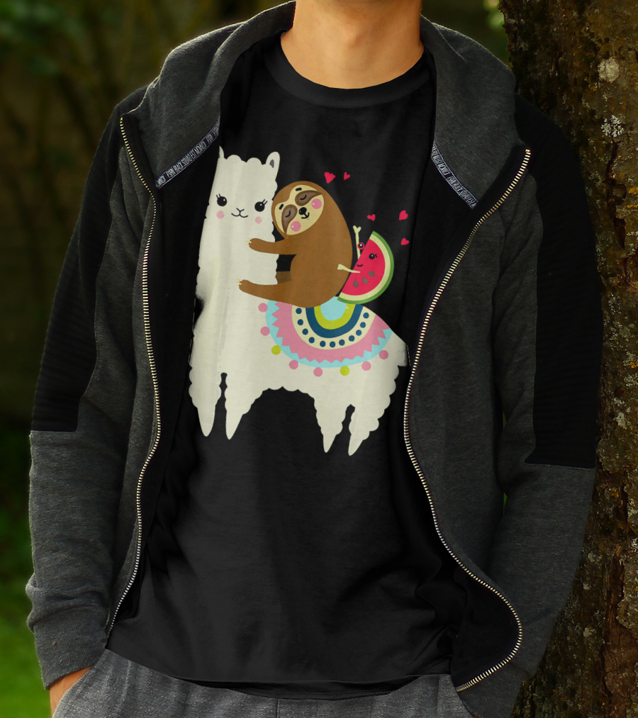 Sloth Hugging Watermelon With Hearts On Colorful Llama T-Shirt