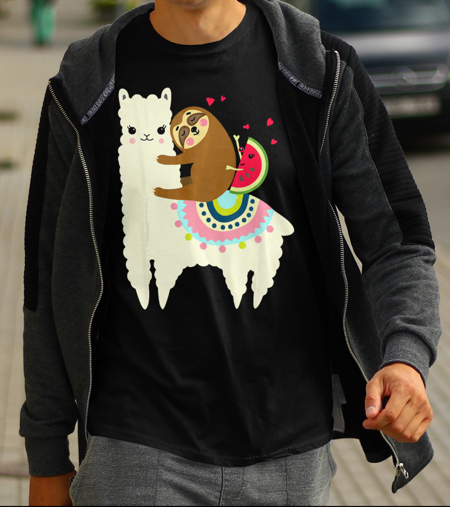 Sloth Hugging Watermelon With Hearts On Colorful Llama T-Shirt