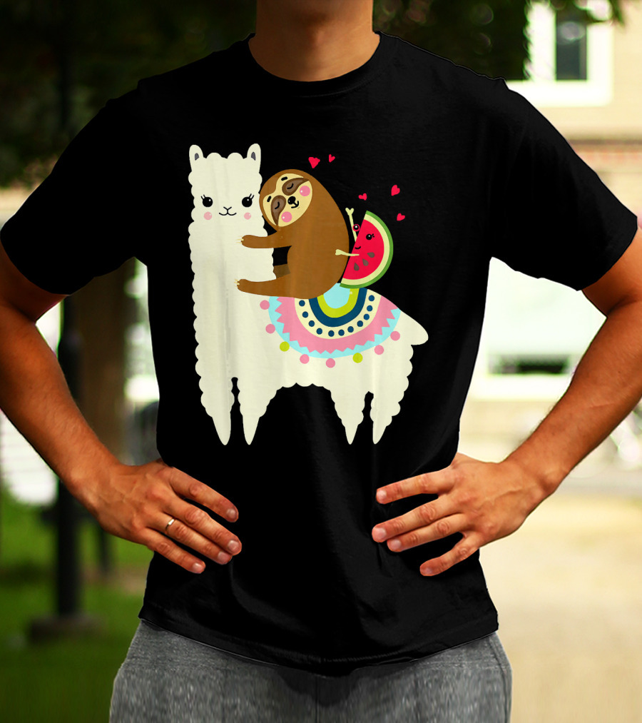 Sloth Hugging Watermelon With Hearts On Colorful Llama T-Shirt
