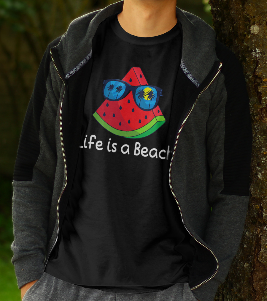 Life Is A Beach Watermelon Sunglasses With Palm Trees And Sunset T-Shirt